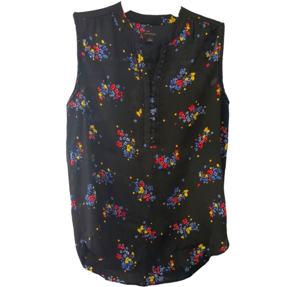 🌹3/15🌹ANN TAYLOR Black Blue Pink Yellow Floral Sheer Tank Top with Buttons - Picture 2 of 5